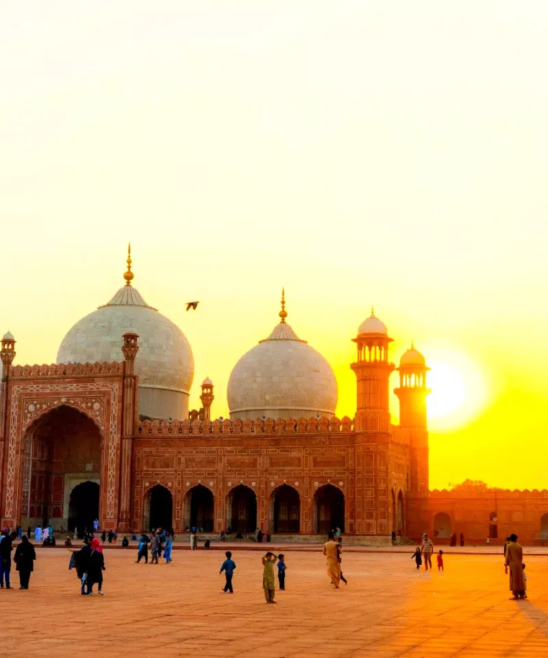 A bustling crowd near the Badshahi Mosque in Lahore.