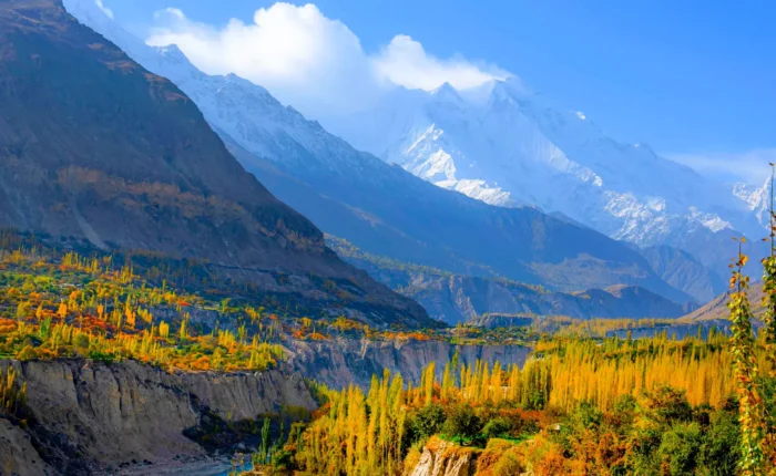 Scenic view of Hunza Valley in the Northern Areas of Pakistan, with majestic mountains and terraced fields.