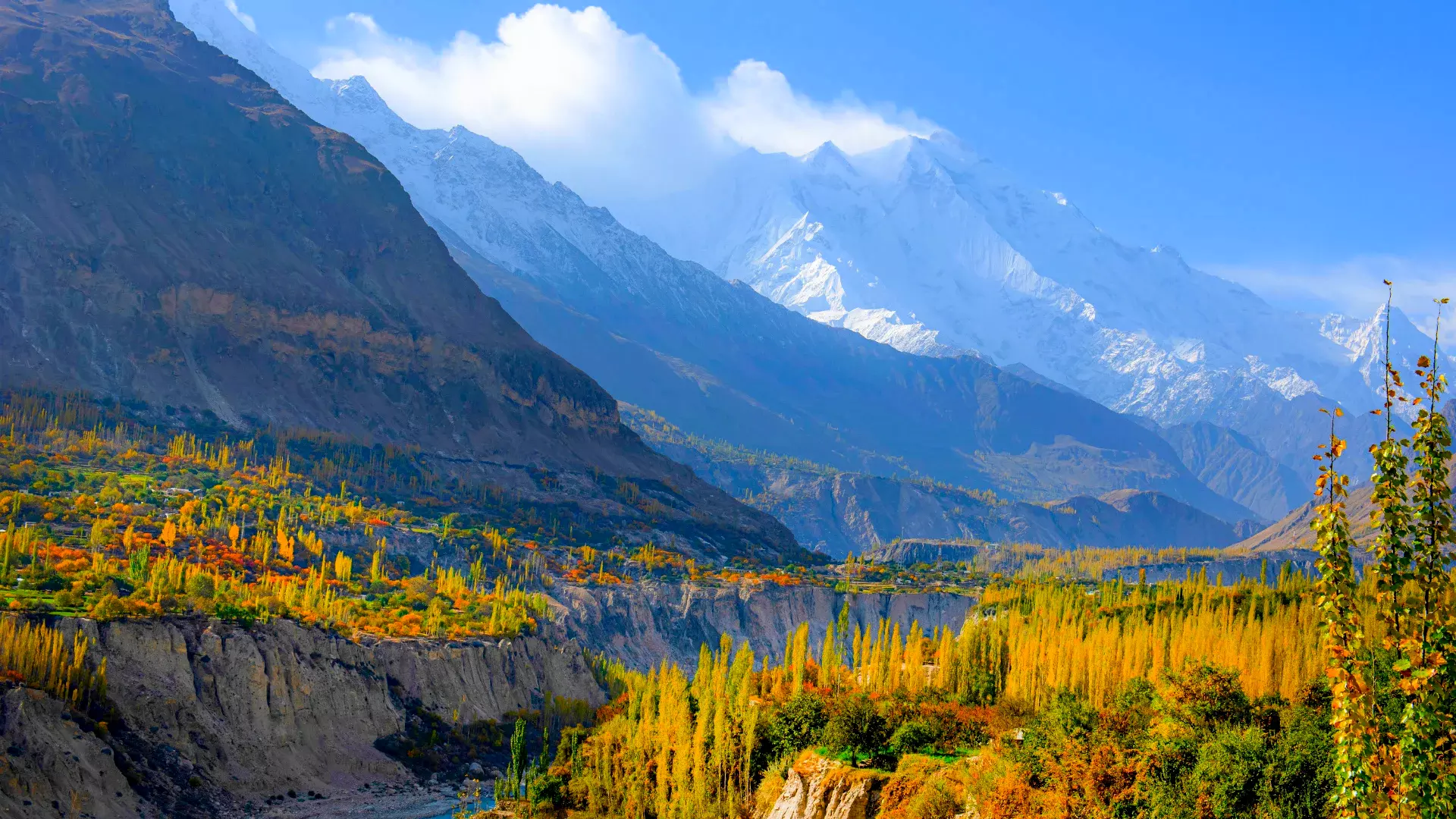 Scenic view of Hunza Valley in the Northern Areas of Pakistan, with majestic mountains and terraced fields.