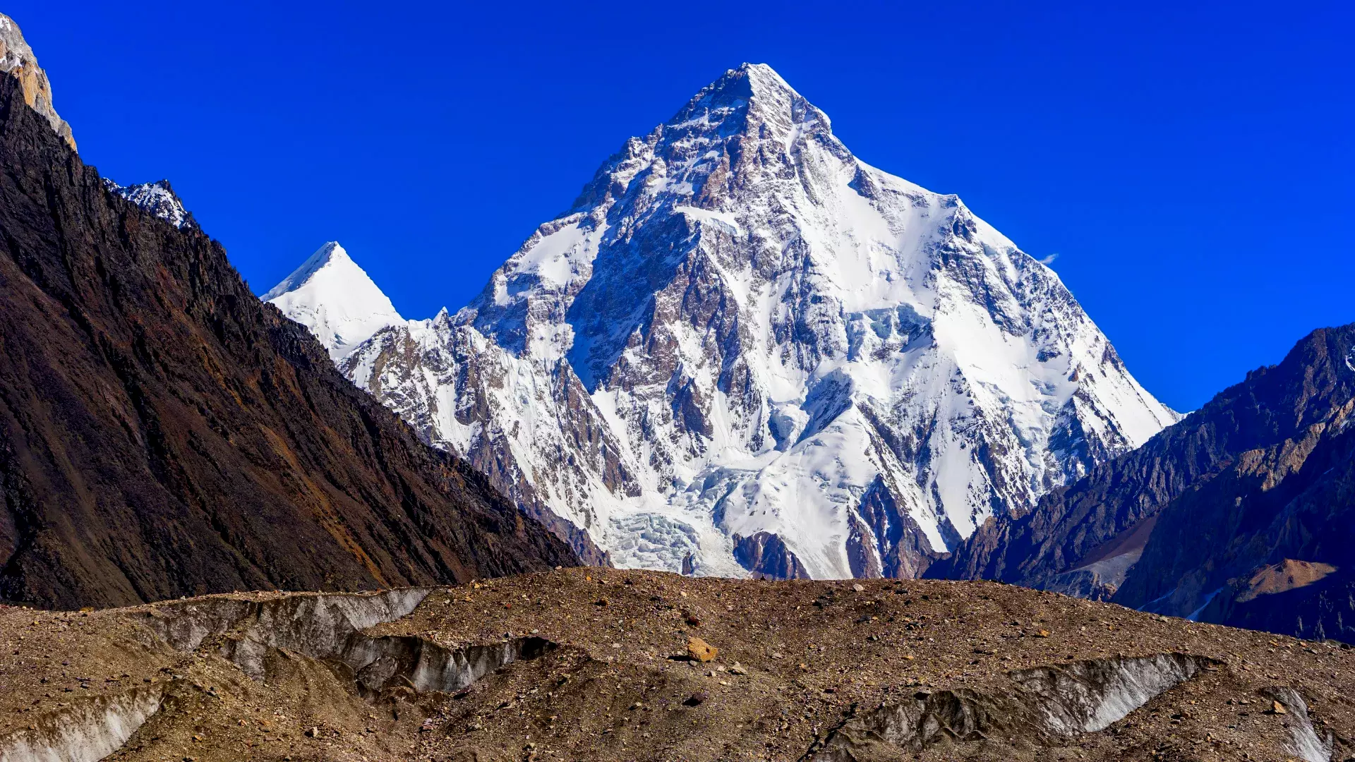 Majestic view of K2 mountain peak and the Baltoro Glacier along the K2 trek in Pakistan.