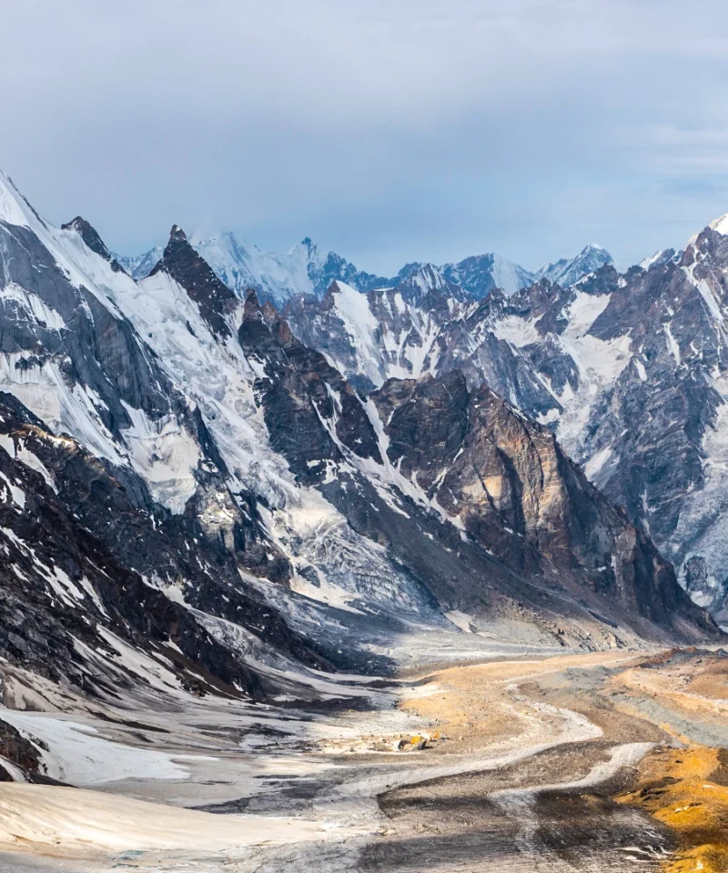 Scenic view of Karakoram mountains from Gondogoro La Pass, K2 Base Camp trekking route, Gilgit Baltistan, North Pakistan.