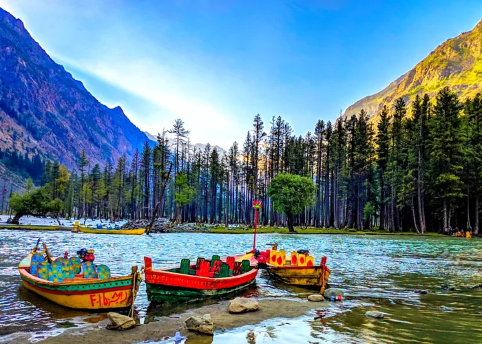 Panoramic view of boats floating on Mahodand Lake in Swat Valley, Pakistan.