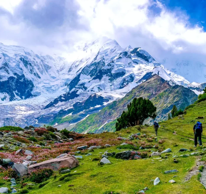 Scenic view of people hiking to Rakaposhi Glacier in Minapin, along the Karakoram Highway, Pakistan.