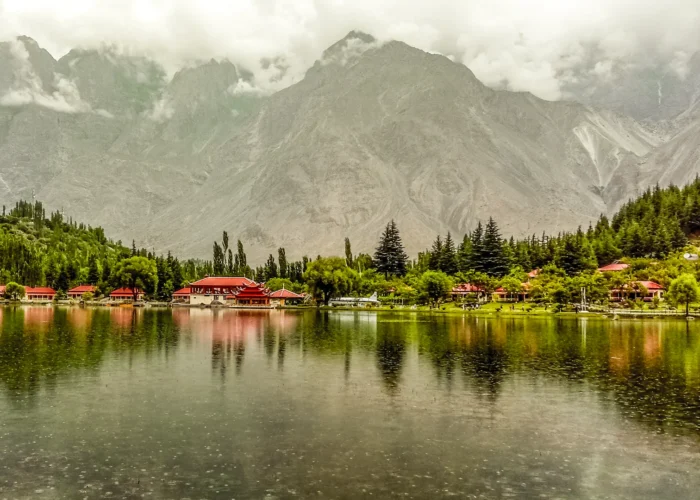 Panoramic view of Shangrila Resort overlooking Kachora Lake in Skardu, Gilgit Baltistan, Pakistan.