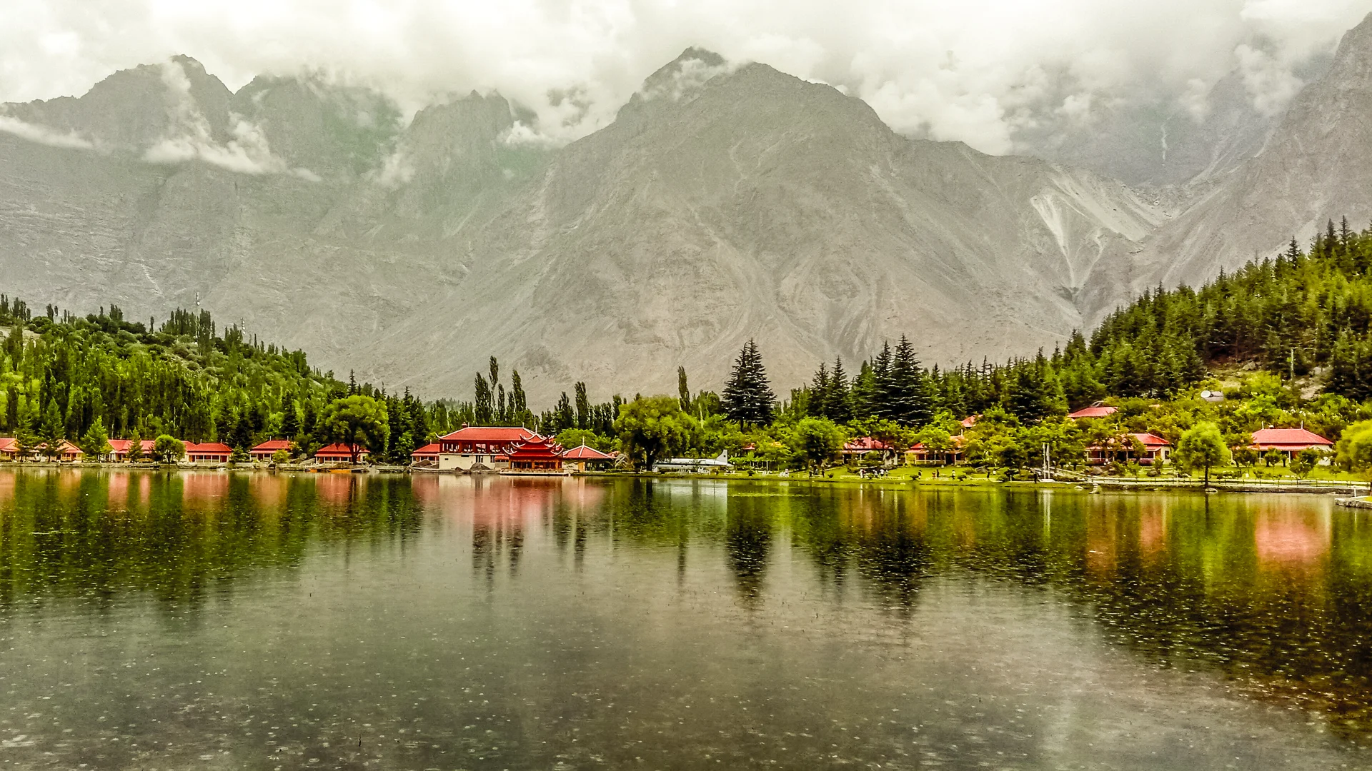 Panoramic view of Shangrila Resort overlooking Kachora Lake in Skardu, Gilgit Baltistan, Pakistan.