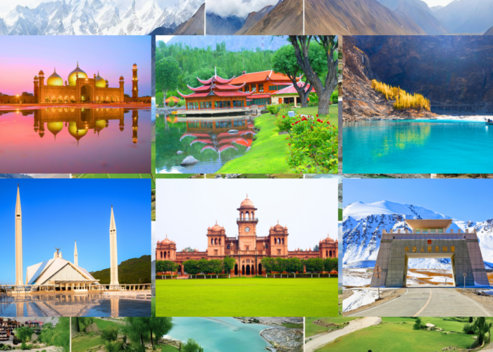 Collage of iconic tourist destinations in Pakistan, including Lahore, Islamabad, Hunza Valley, Peshawar and Skardu